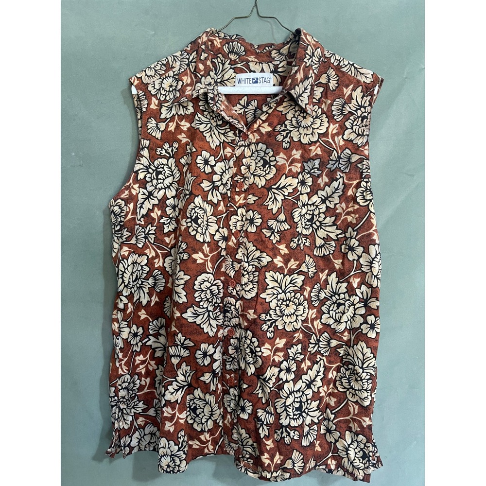 Vintage White Stag Womens Sleeveless Floral Button Up Blouse Rust Brown earthy